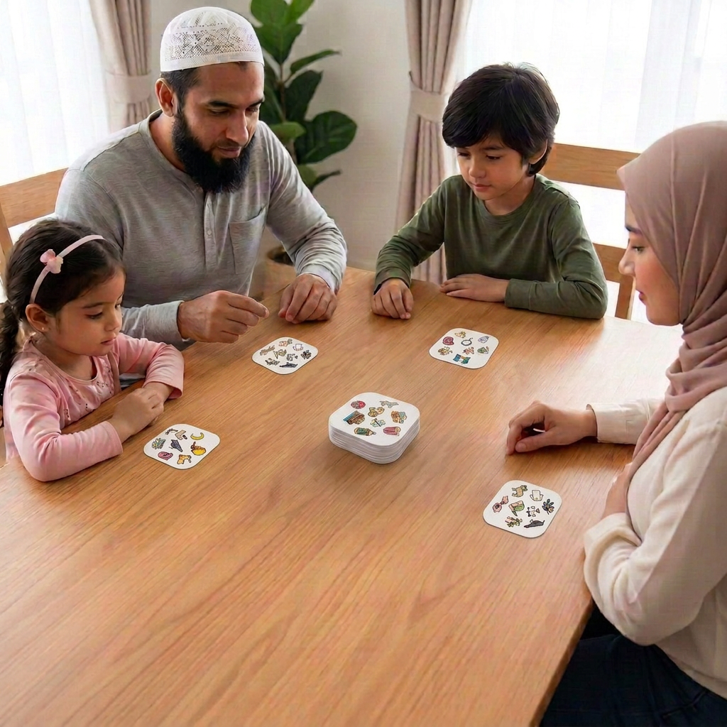 Muslim family playing Pic-a-Pair Islam Edition at home